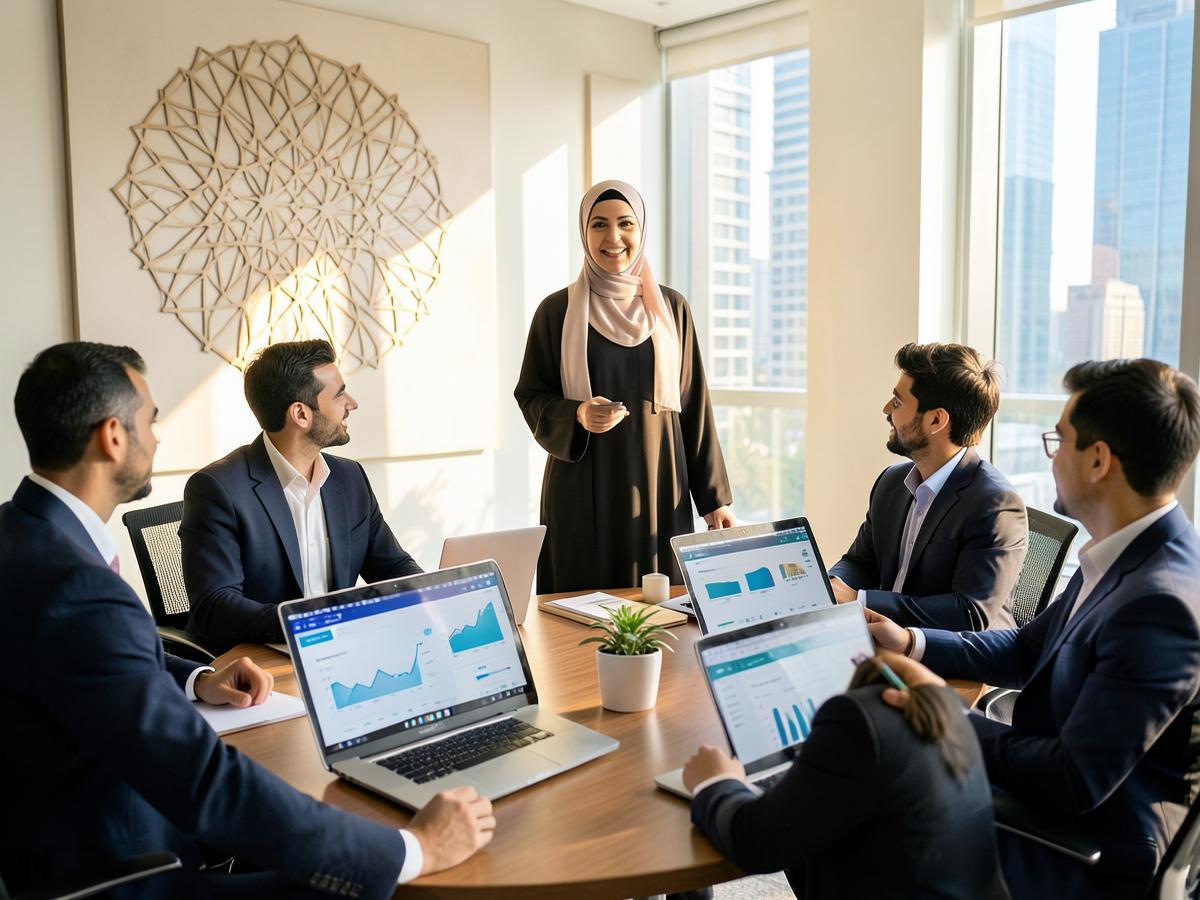 Business team in a Gulf office reviewing ERP dashboards