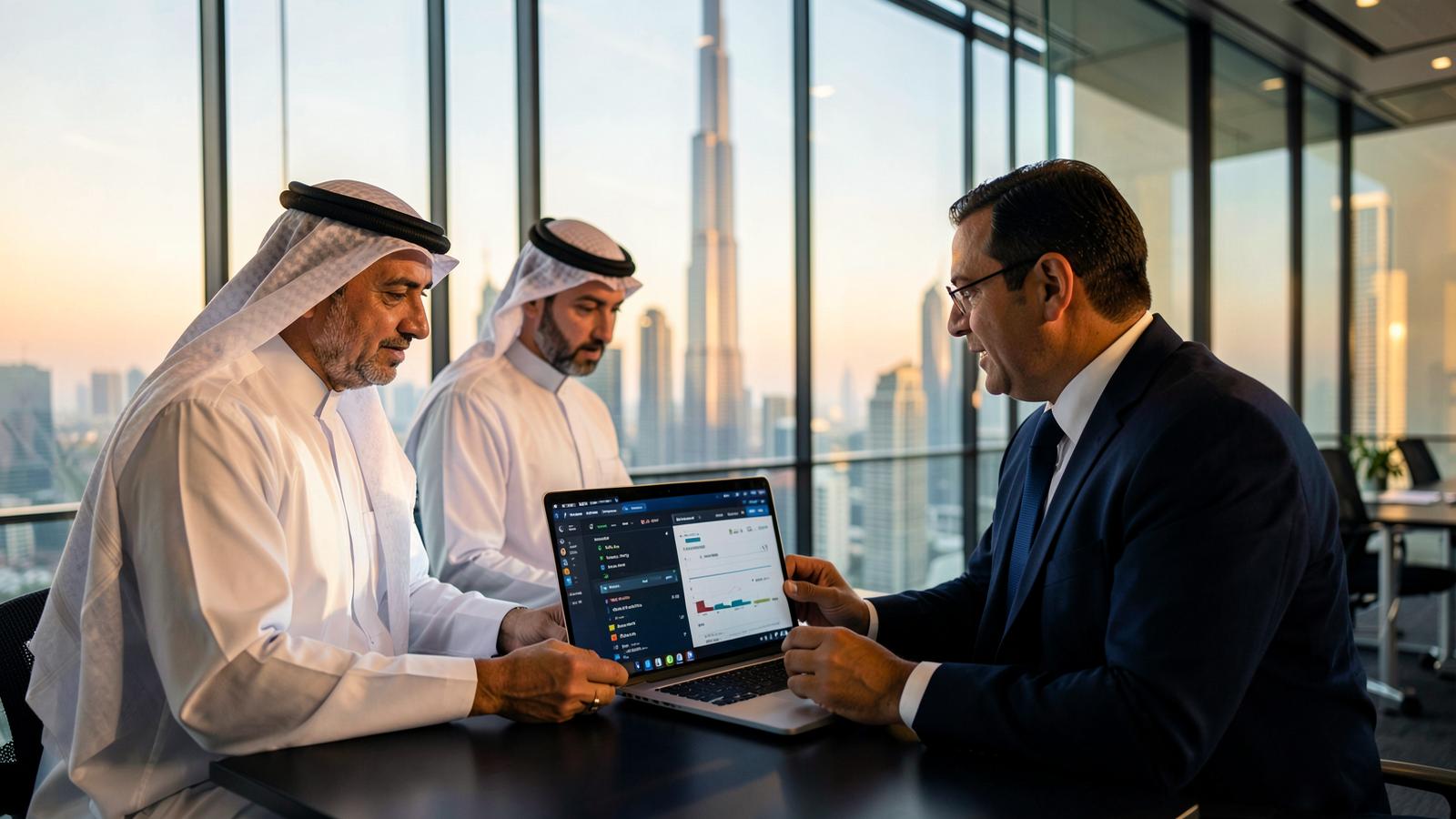 IT leadership team reviewing ERP dashboards in a Gulf office